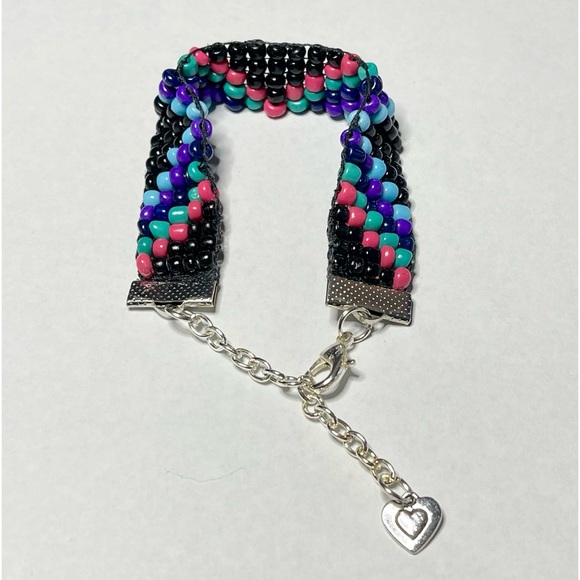 Handmade Loom Bracelet Chevron Design Black Blue Purple Green Pink Glass Beads - Picture 1 of 3